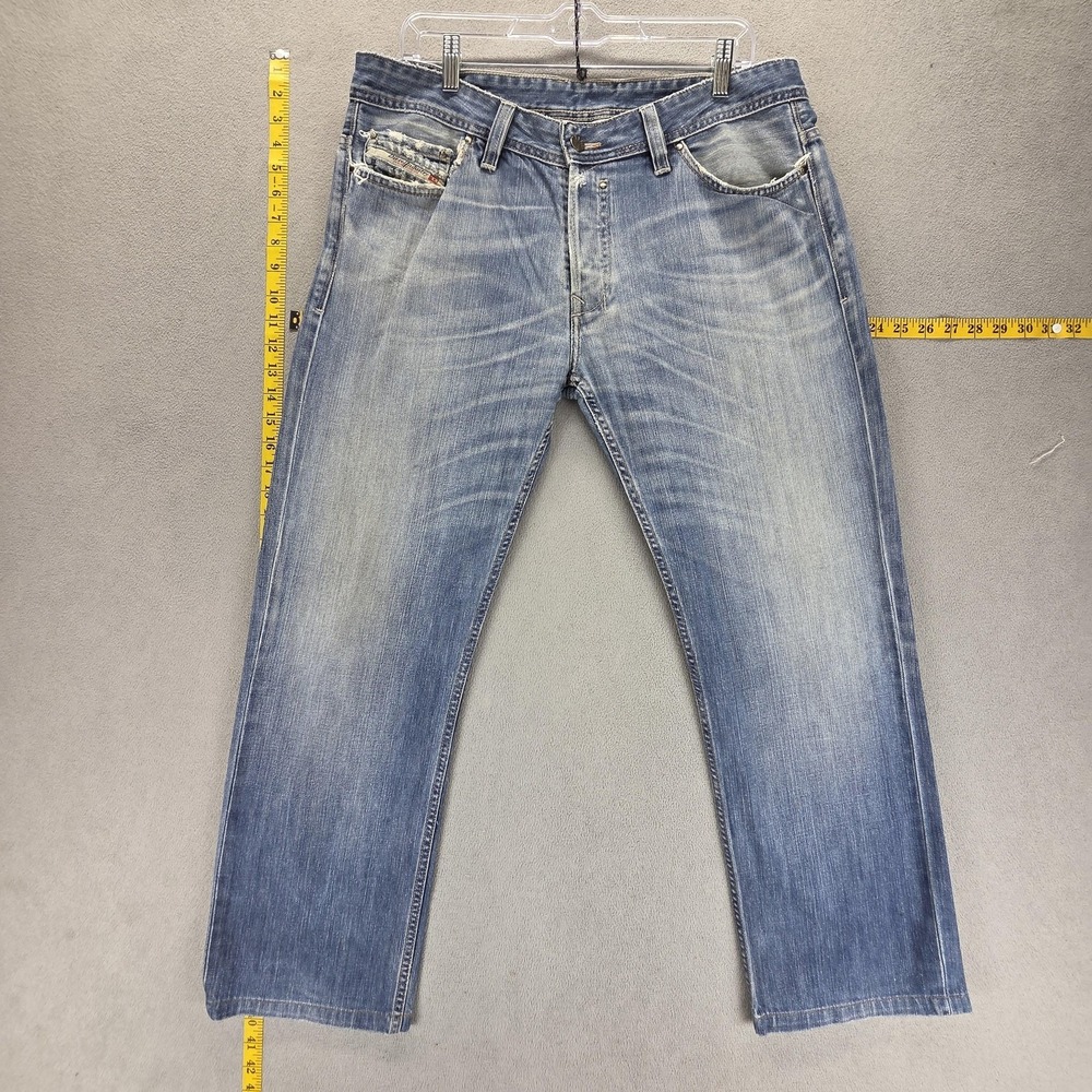 Diesel Jeans Mens 34x28 Blue Medium Wash Relaxed Straight Button Fly Whiskers